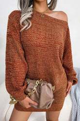 Robe pull vintage en maille chinée à manches longues et col bateau - Café